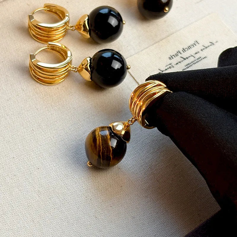 Maillard geometric tigereye earrings with gold plating in black and brown colour options