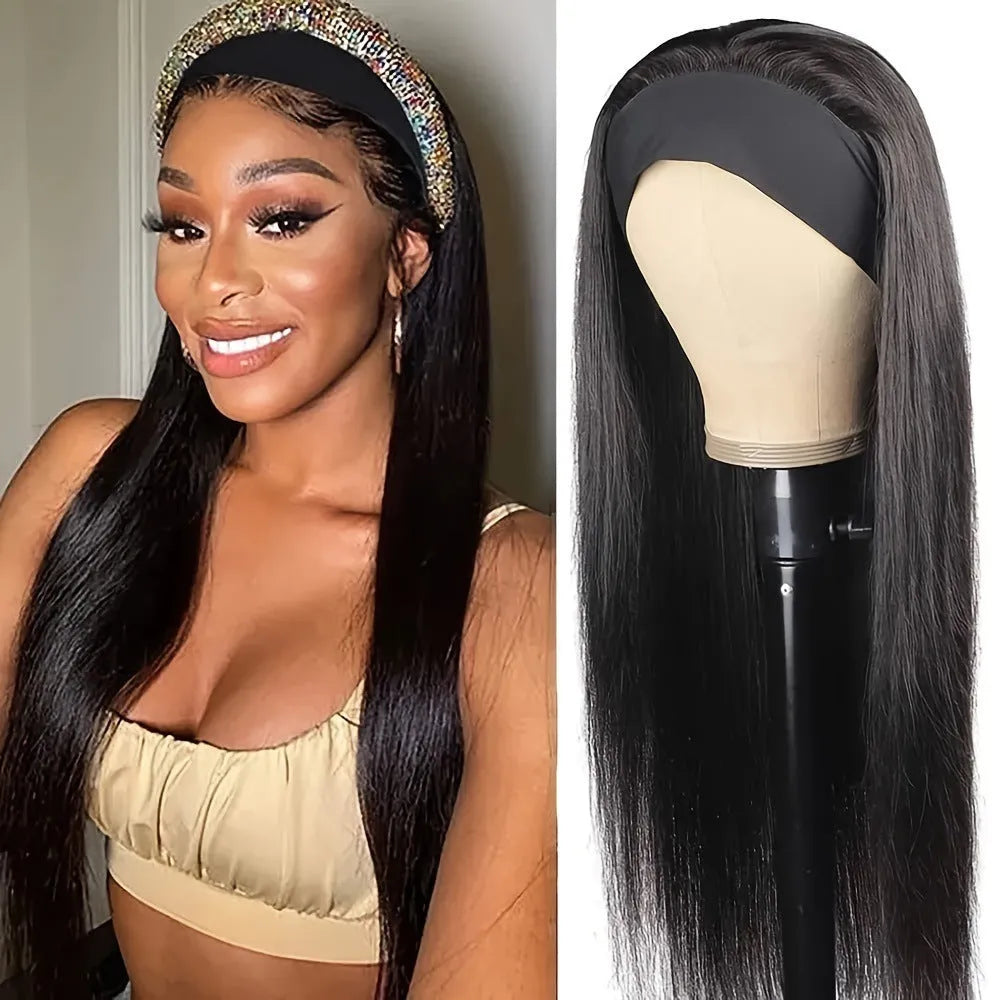 Headband wig with long straight synthetic hair in black colour