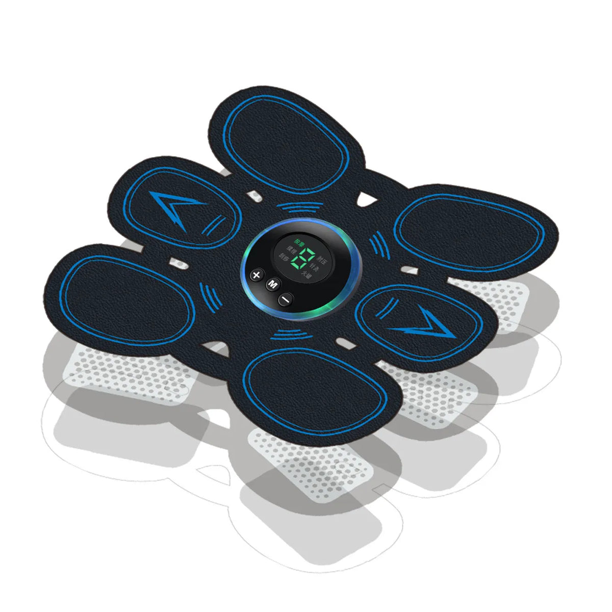 Black home exercise muscle stimulator set with three host units, 190x170mm abdominal patch, and USB charging cable