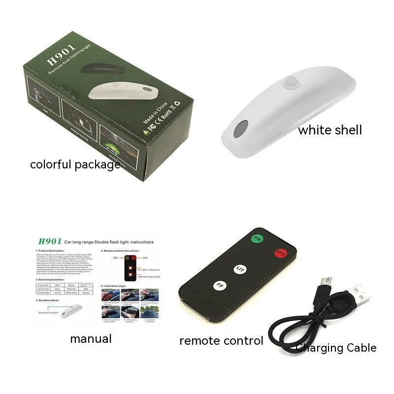 Black and white ABS car remote pilot strobe light with dimensions 14x6x5cm for universal vehicle weather safety