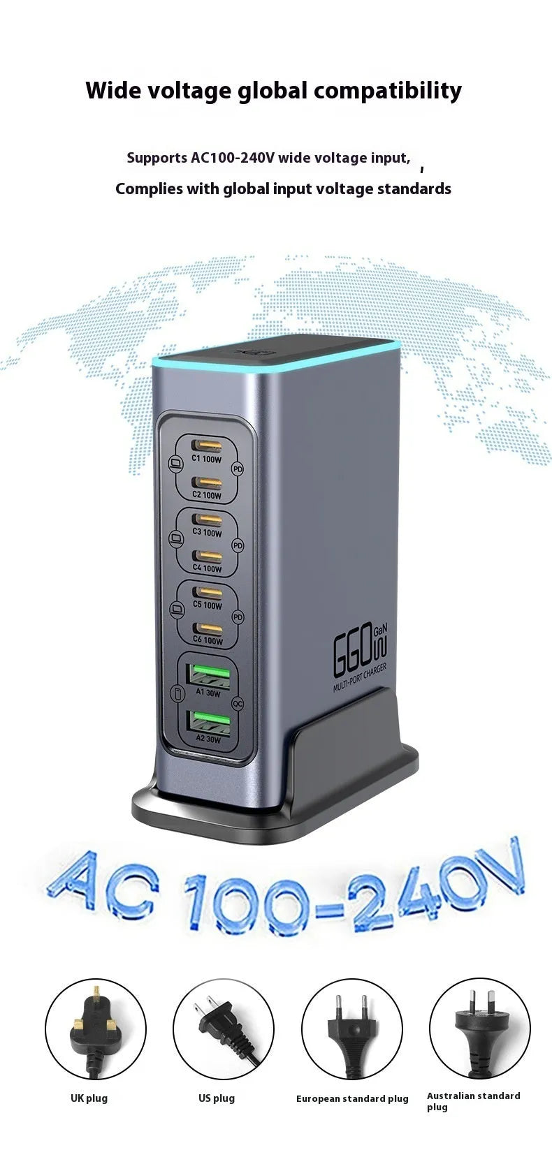 Desktop GaN charger with British Standard plug and multiple TYPE-C ports for fast charging