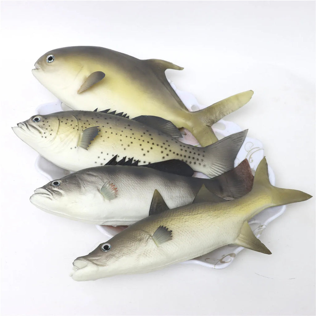 Three PU simulated fish ornaments: yellow-fin tuna, small tuna, and yellow croaker