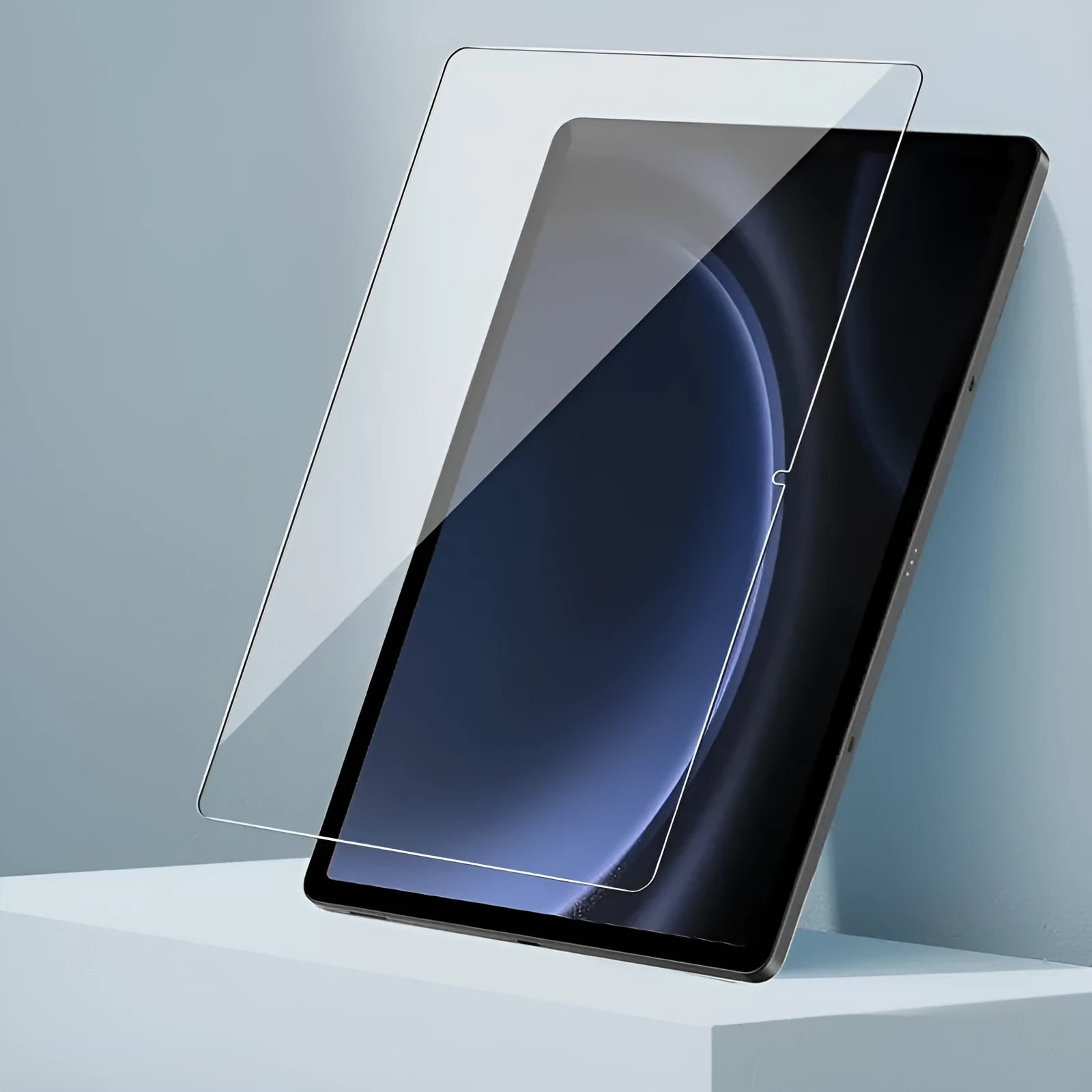 Samsung Galaxy tablet tempered glass screen protector in leather pouch