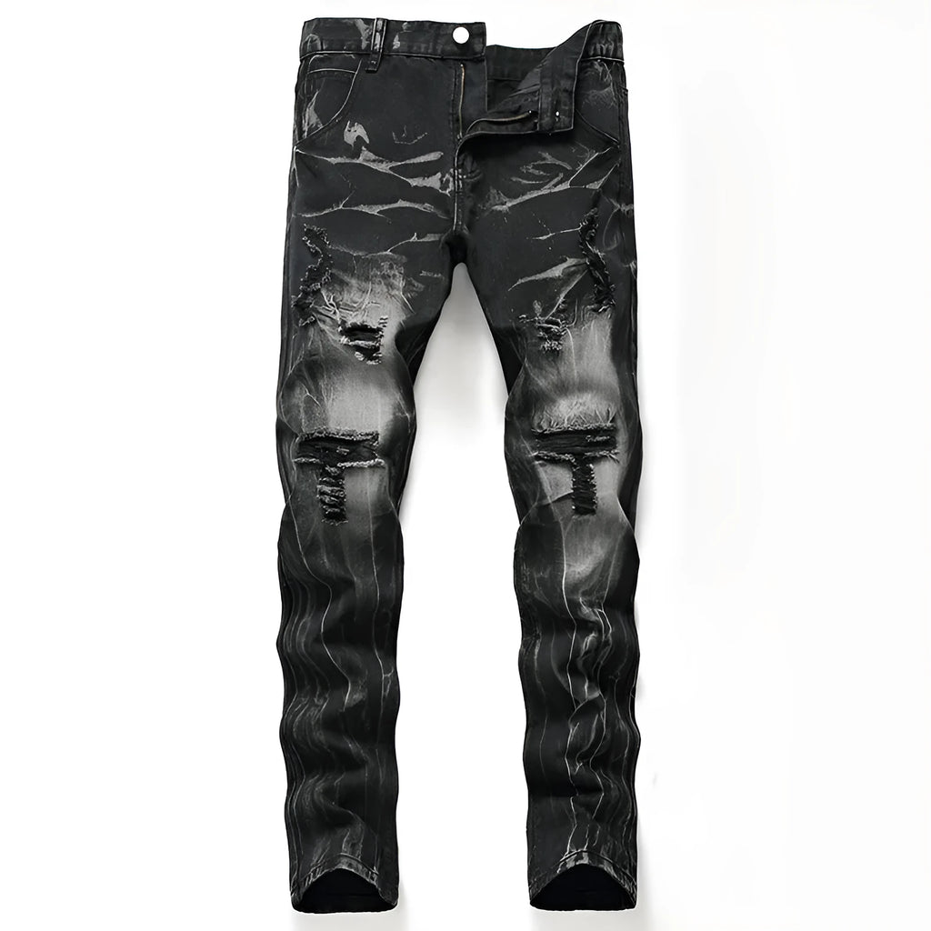 Ripped black straight-leg denim jeans for men in plus size range, front view