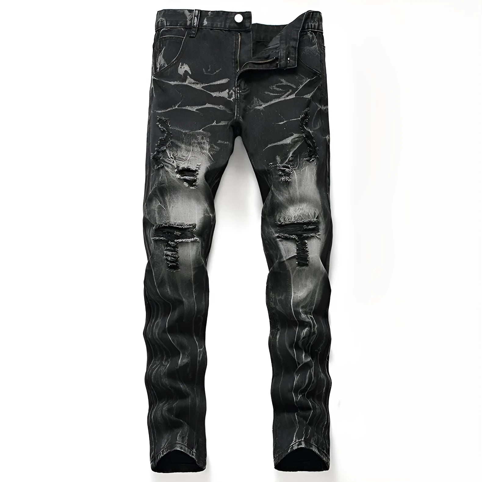 Ripped black straight-leg denim jeans for men in plus size range, front view