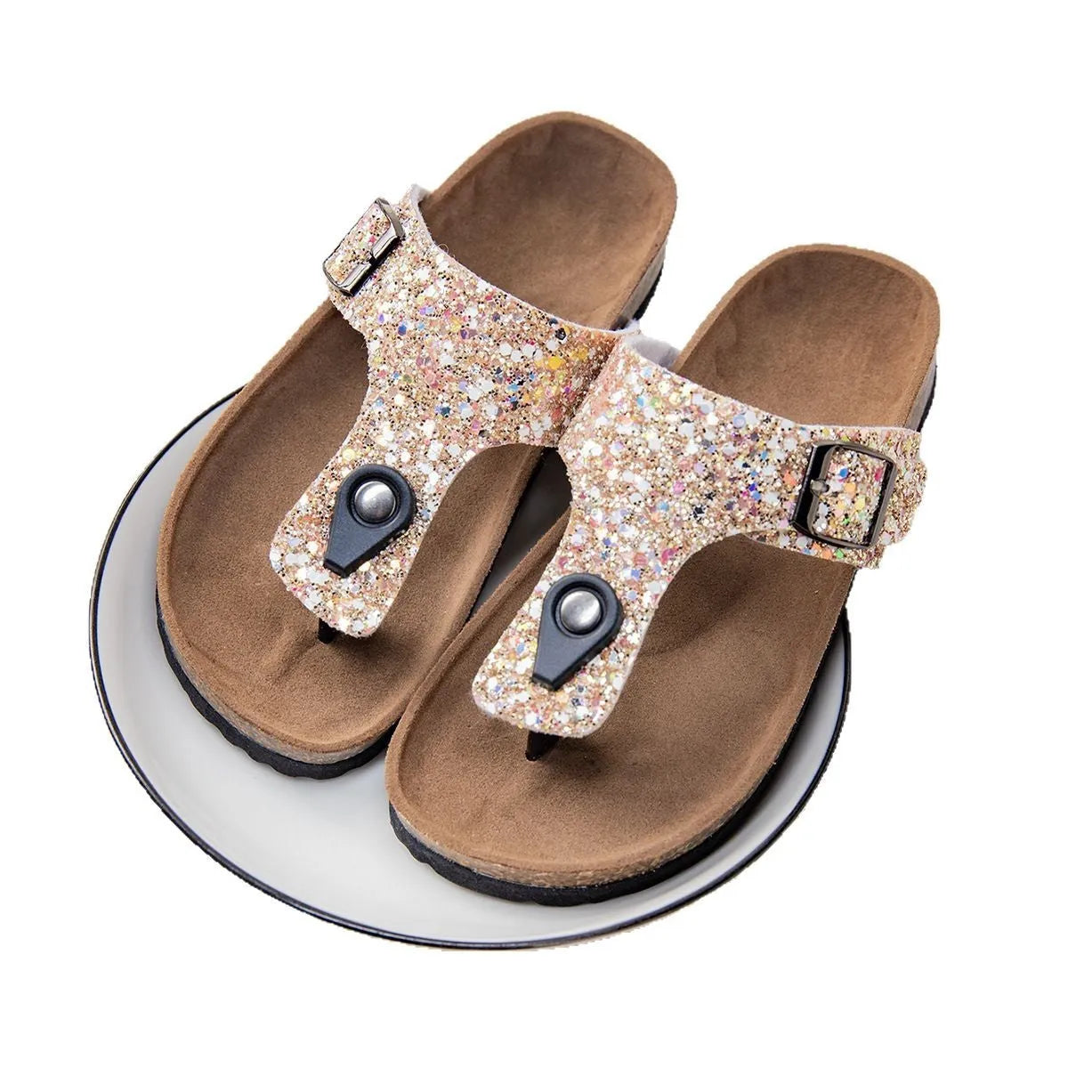 Cork flip-flops couples shoes in gold pink silver colours with PVC soles and artificial leather upper