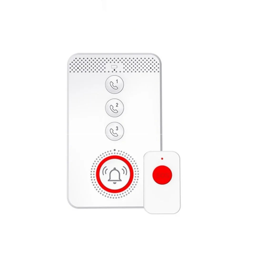 White emergency alert system with one buzzer unit and three wireless call buttons for elderly safety