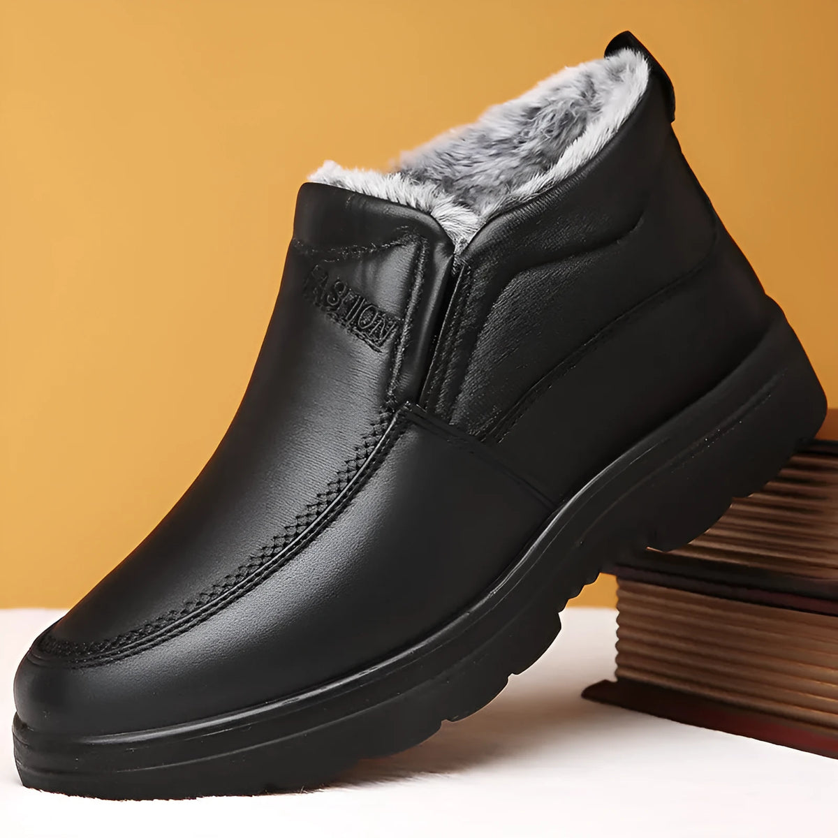 Men's black fleece-lined waterproof winter slippers with a non-slip rubber sole.