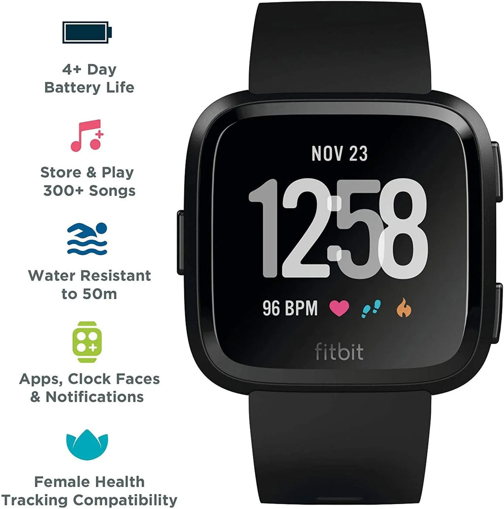 Black smart watch with silicone strap showing 1.4-inch touchscreen displaying heart rate data.