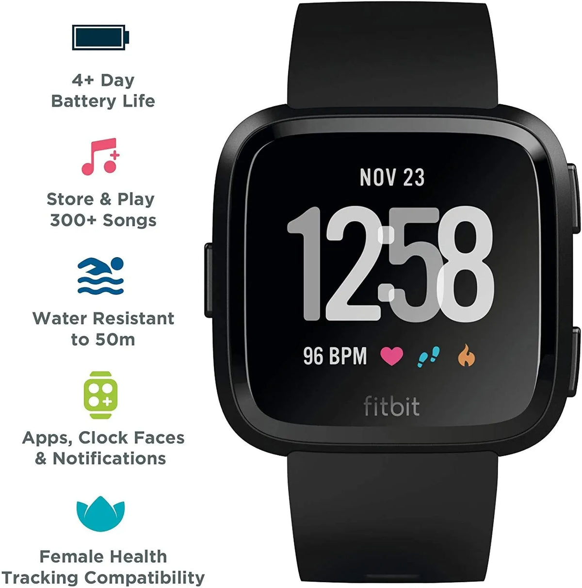 Black smart watch with silicone strap showing 1.4-inch touchscreen displaying heart rate data.