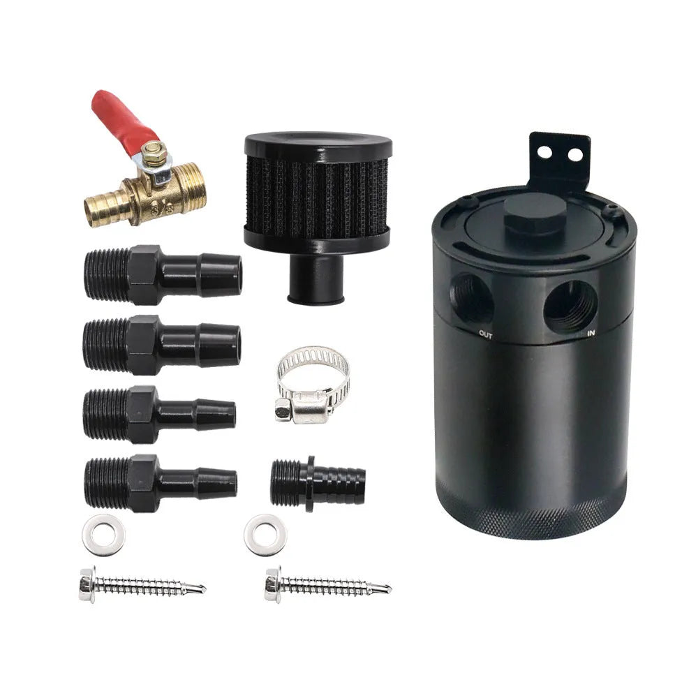 Black aluminium automotive oil pot with oil-free valve and two connector fittings