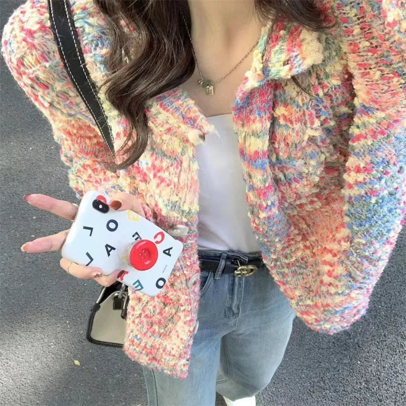 Rainbow stripe knitted cardigan sweater in pink or green with retro gentle idle style