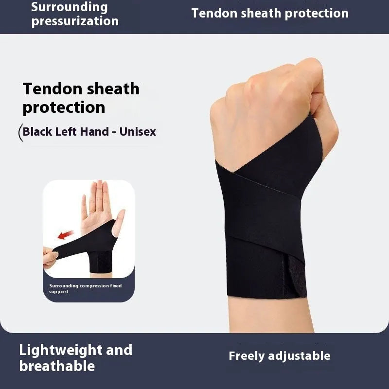 Adjustable black athletic wristguard worn on a wrist, suitable for badminton, tennis, and volleyball.