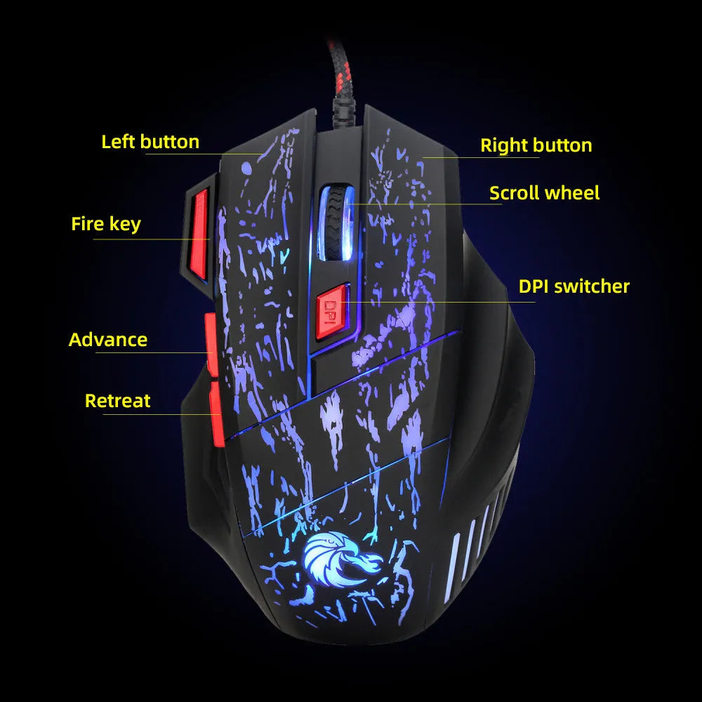 Water Crack colourful luminous gaming mouse with ergonomic design and USB cable on desktop