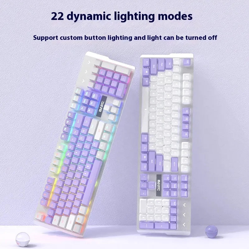 Purple and white mechanical keyboard and mouse gaming bundle with backlighting