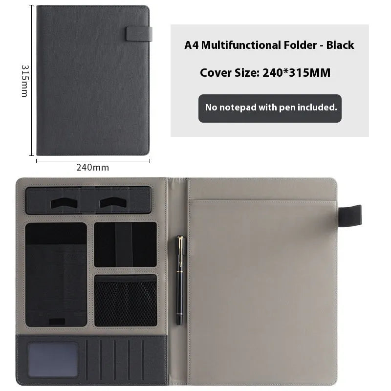Black leather A4 business folder with pen loop and notepad, showing 35mm thickness.