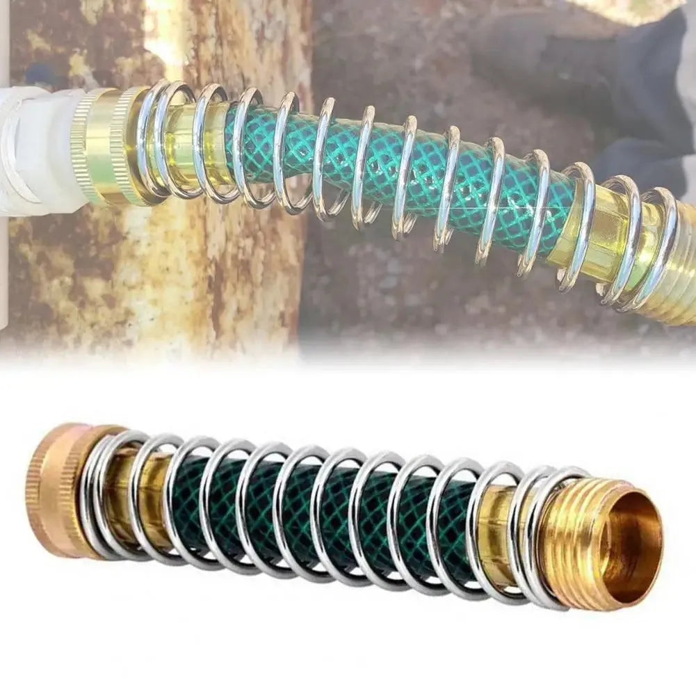 Brass garden hose connector with steel anti-kink spring measuring 15cm