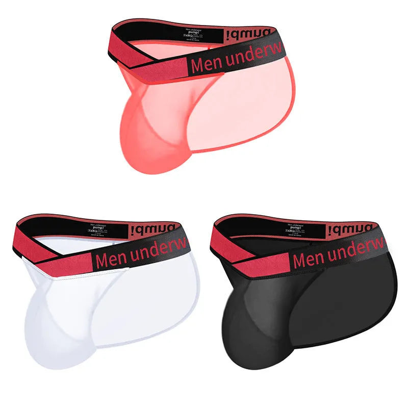 Men's transparent ice silk underwear with large V gradient design in red colour showing low-waist briefs style