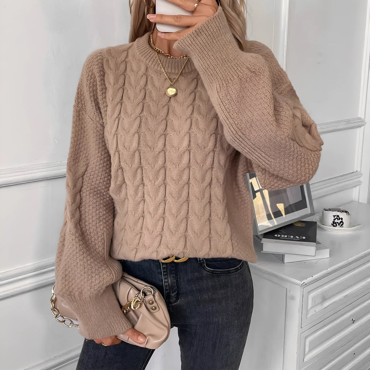 Women's beige polyester pullover sweater with round neck and twist design detail