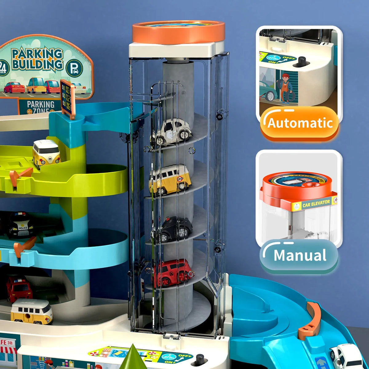 Children's steering wheel toy car building parking lot set with rail car, plastic, dual mode, ages 4-6