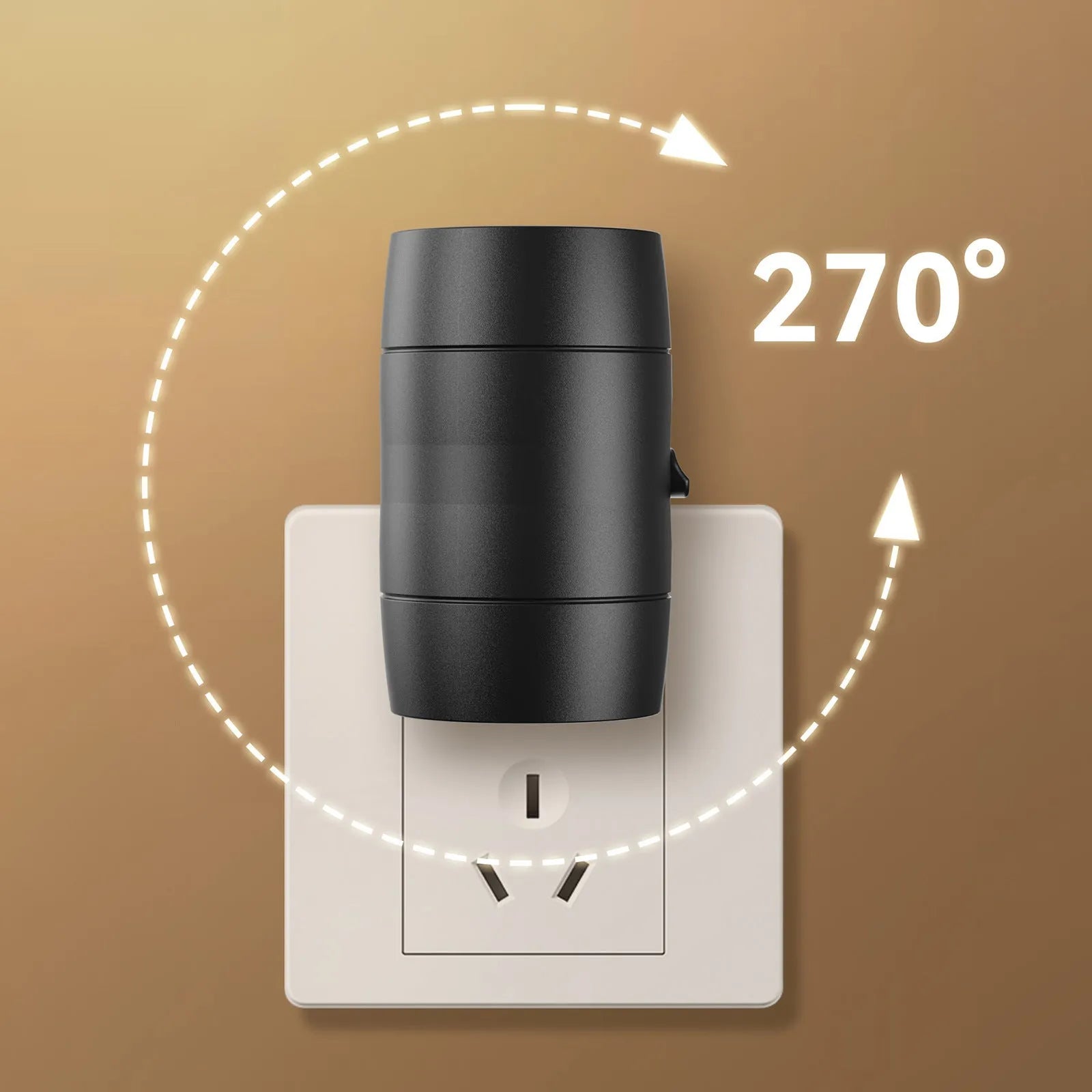 Small white plug-in night lamp with adjustable head shown in a UK wall socket