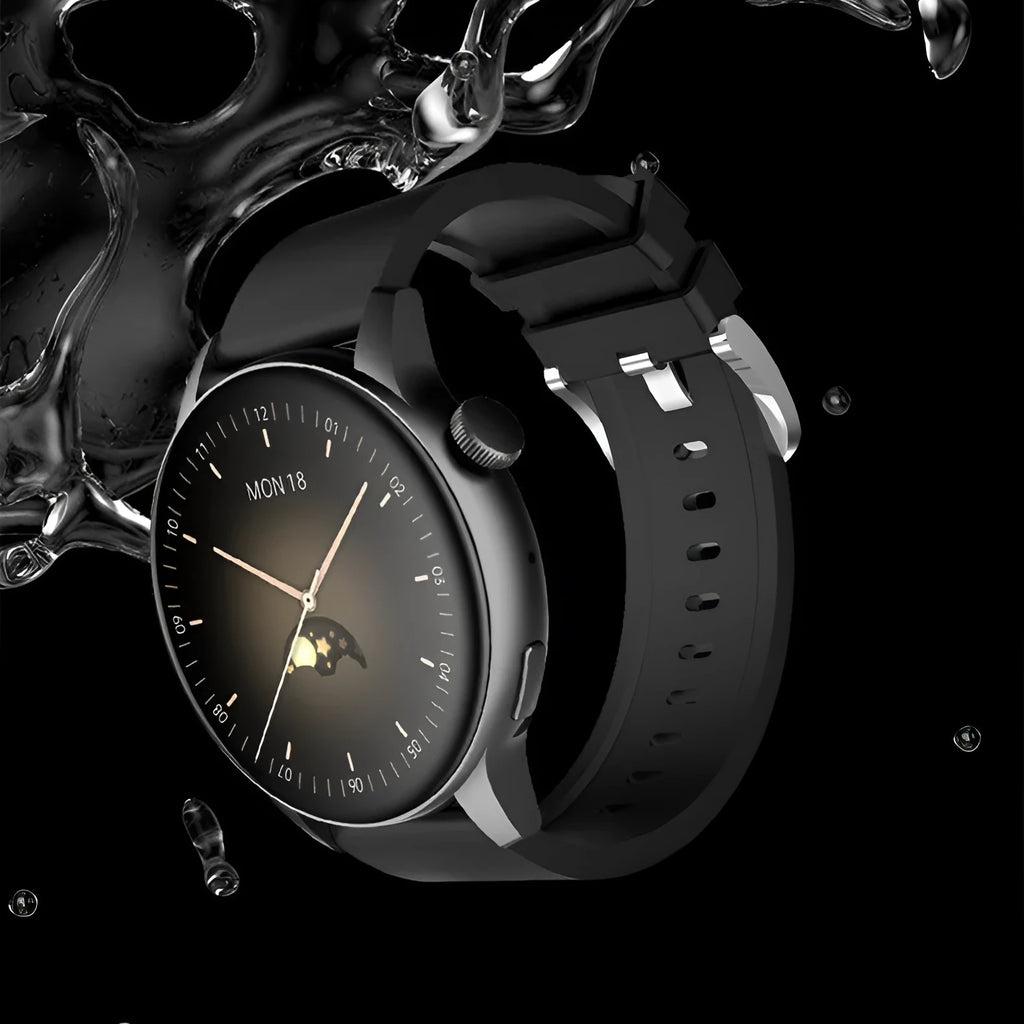 Square stainless steel smart watch with 1.30-inch colour screen shown in black, pink and silver colours.