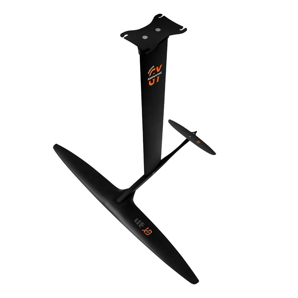Black carbon fibre racing hydrofoil surfboard with aluminium mast and large front wing