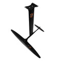 Black carbon fibre racing hydrofoil surfboard with aluminium mast and large front wing