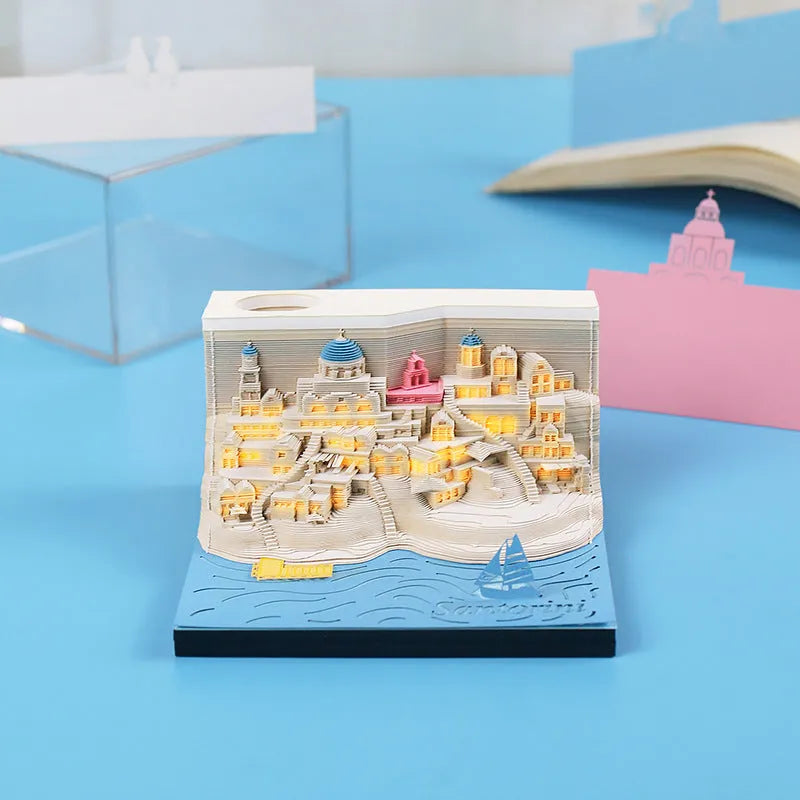 Santorini 3D notepad with special paper, 166 pages, 9 x 9 x 5cm Santorini beach building model