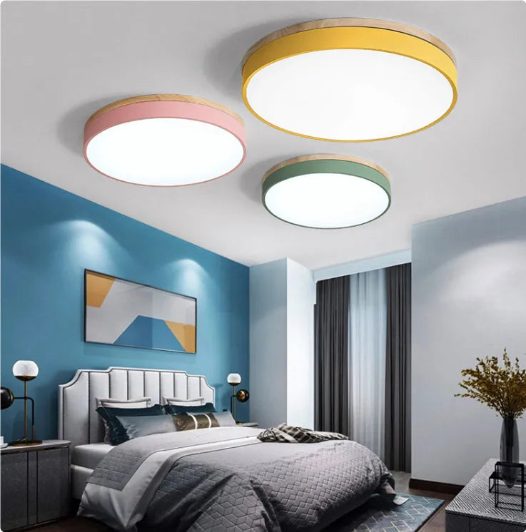 Round wooden ceiling lamp in modern simple style with 60cm diameter and black light source option