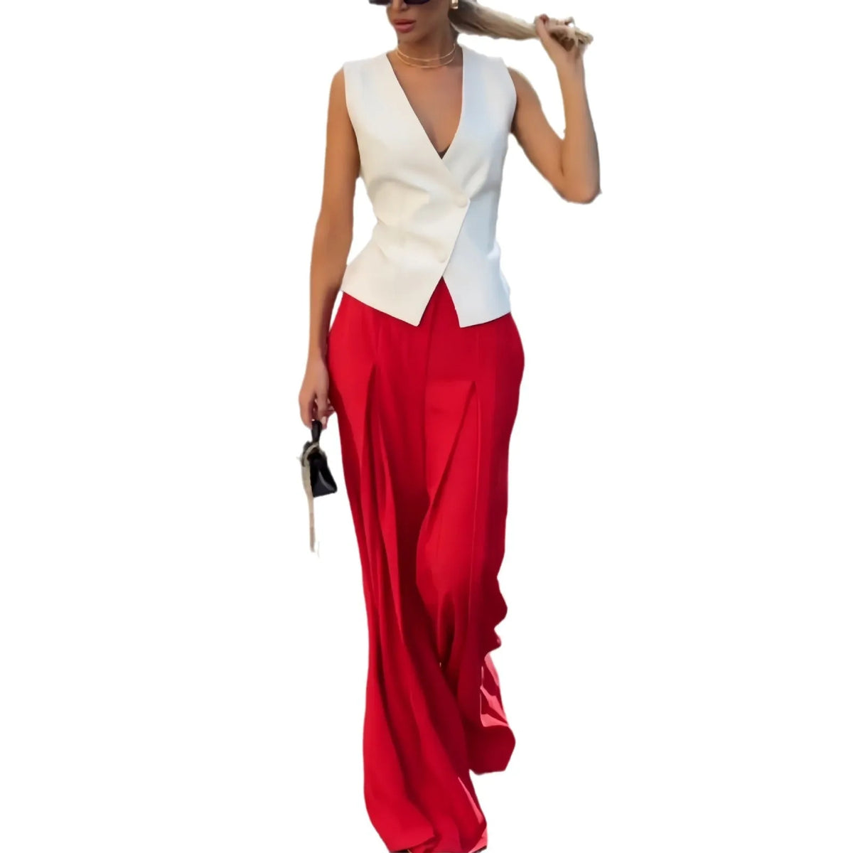 Women's beige polyester two-piece set with sleeveless deep V-neck top and wide-leg trousers
