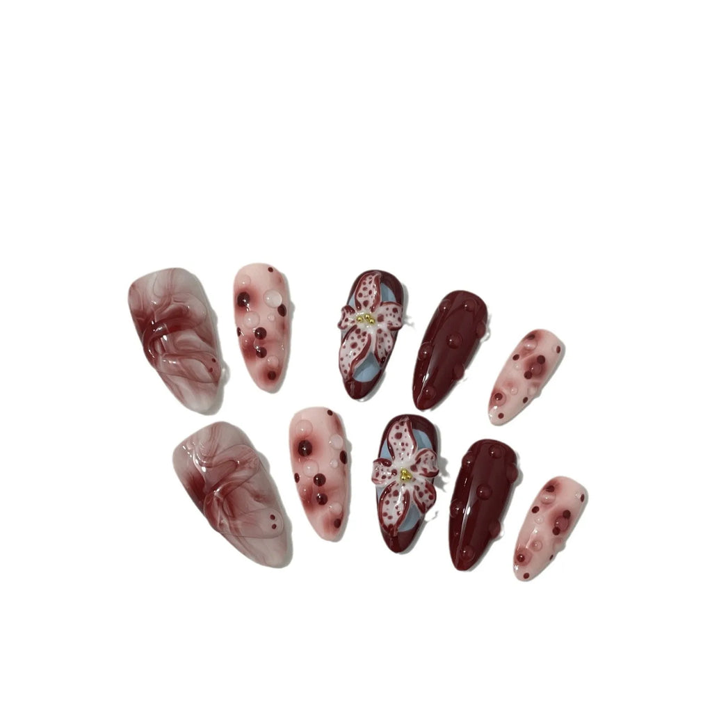 Medium length hand-painted manicure nails with blooming flower 3D carving design in almond colour