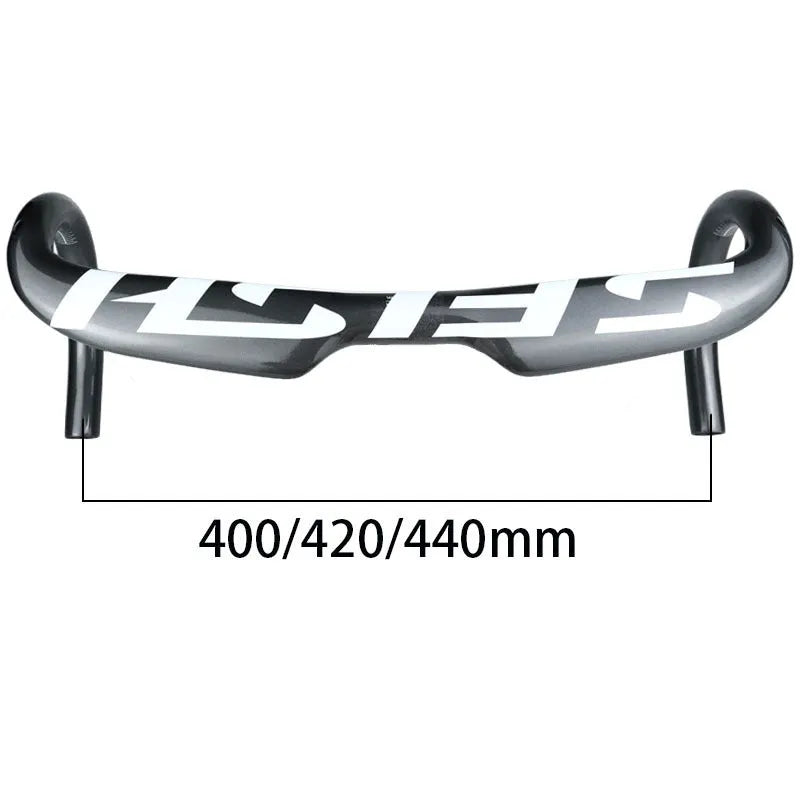Carbon fibre road bike bent handlebar showing drop design with measurement markings