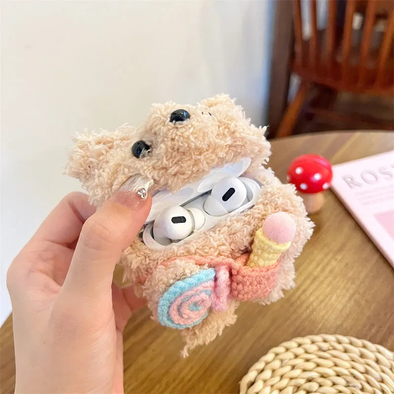 Cute lollipop ice cream bear plush earphone sleeve for AirPods in velvet material