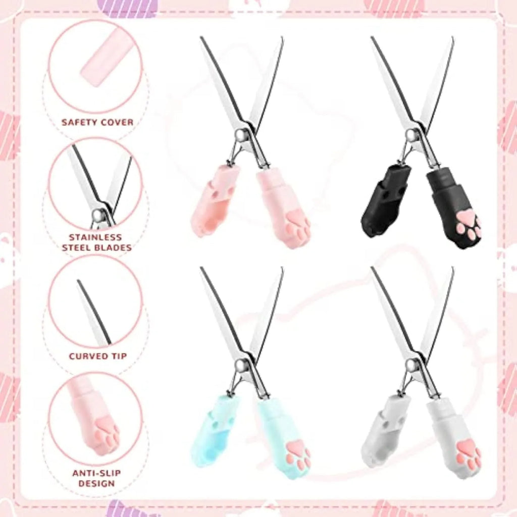 Mini folding scissors with cat paw design on handle, shown in pink, white, black, and blue colour options.