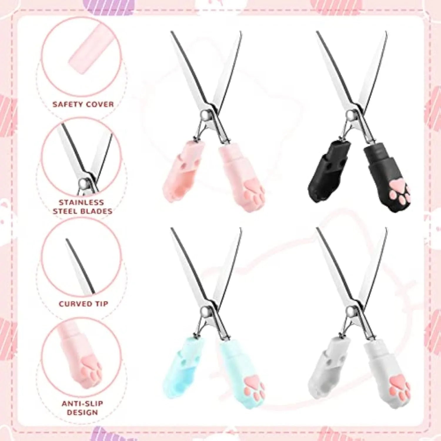 Mini folding scissors with cat paw design on handle, shown in pink, white, black, and blue colour options.