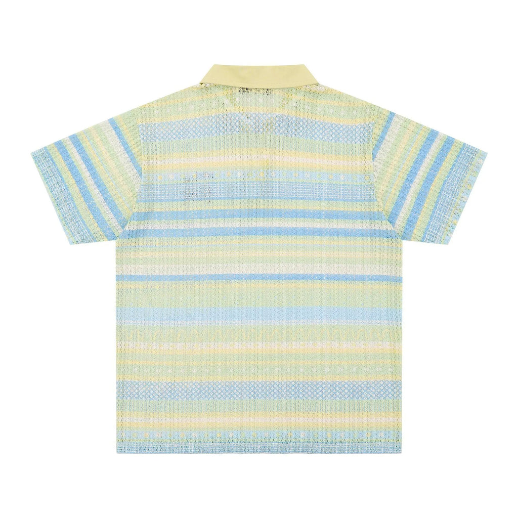 Men's blue printed loose fit casual shirt with short sleeves on hanger