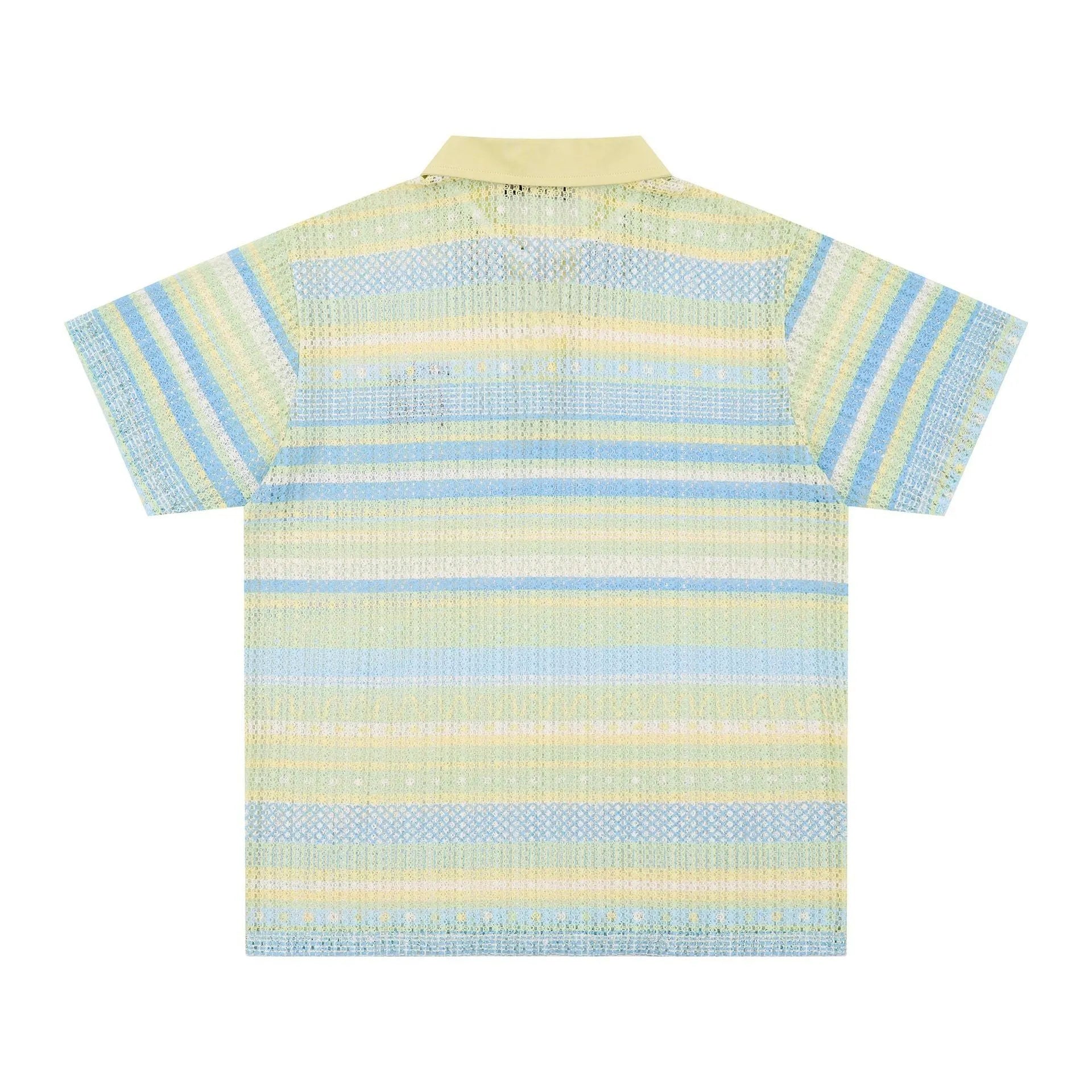 Men's blue printed loose fit casual shirt with short sleeves on hanger