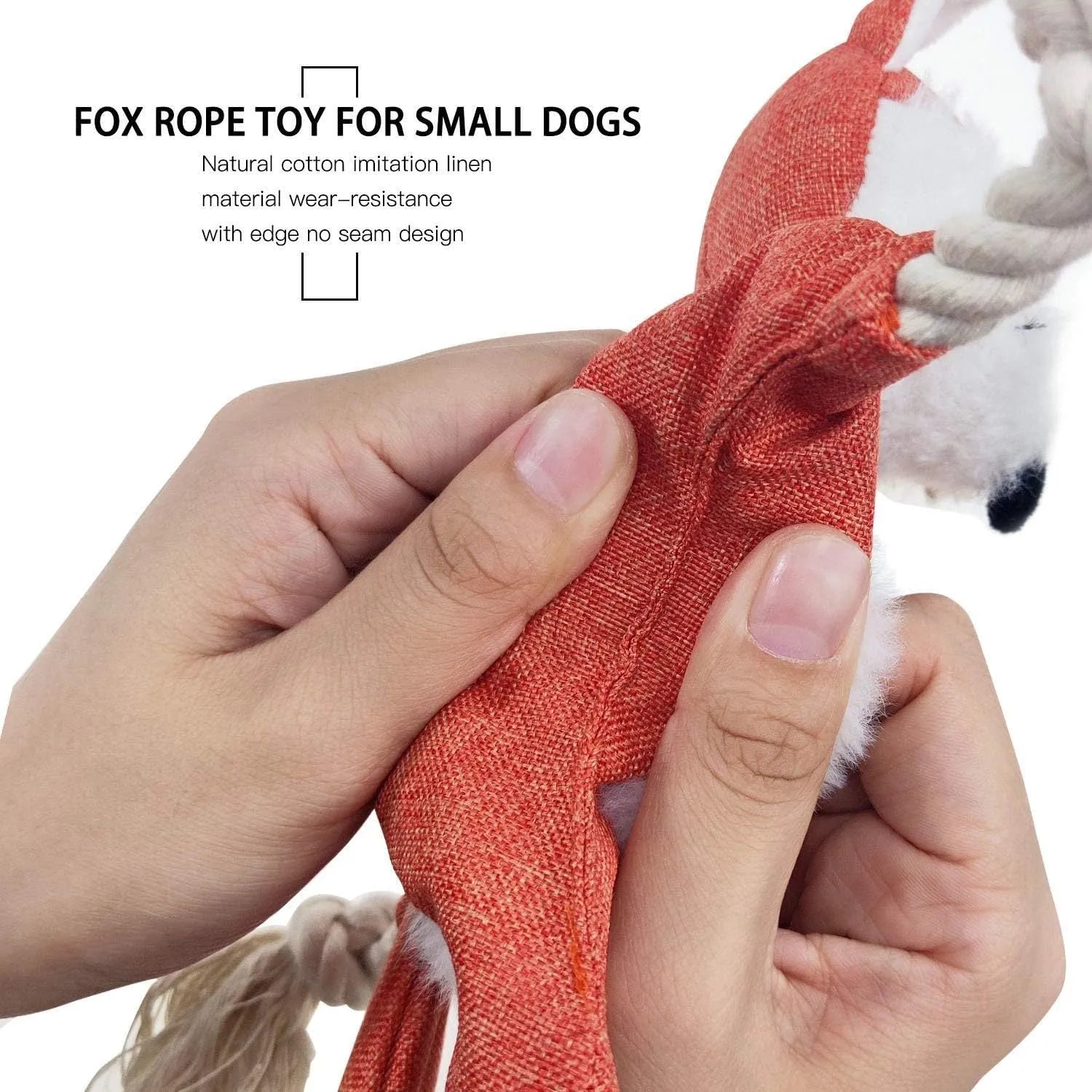 Brown plush fox dog toy with cotton rope limbs and embroidered eyes on a white background.