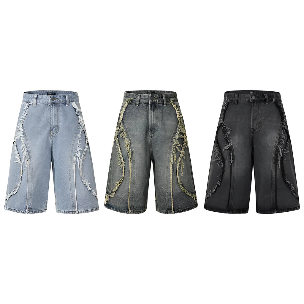 American Pu Shuai distressed raw edge denim shorts for men in a straight-leg cropped style.