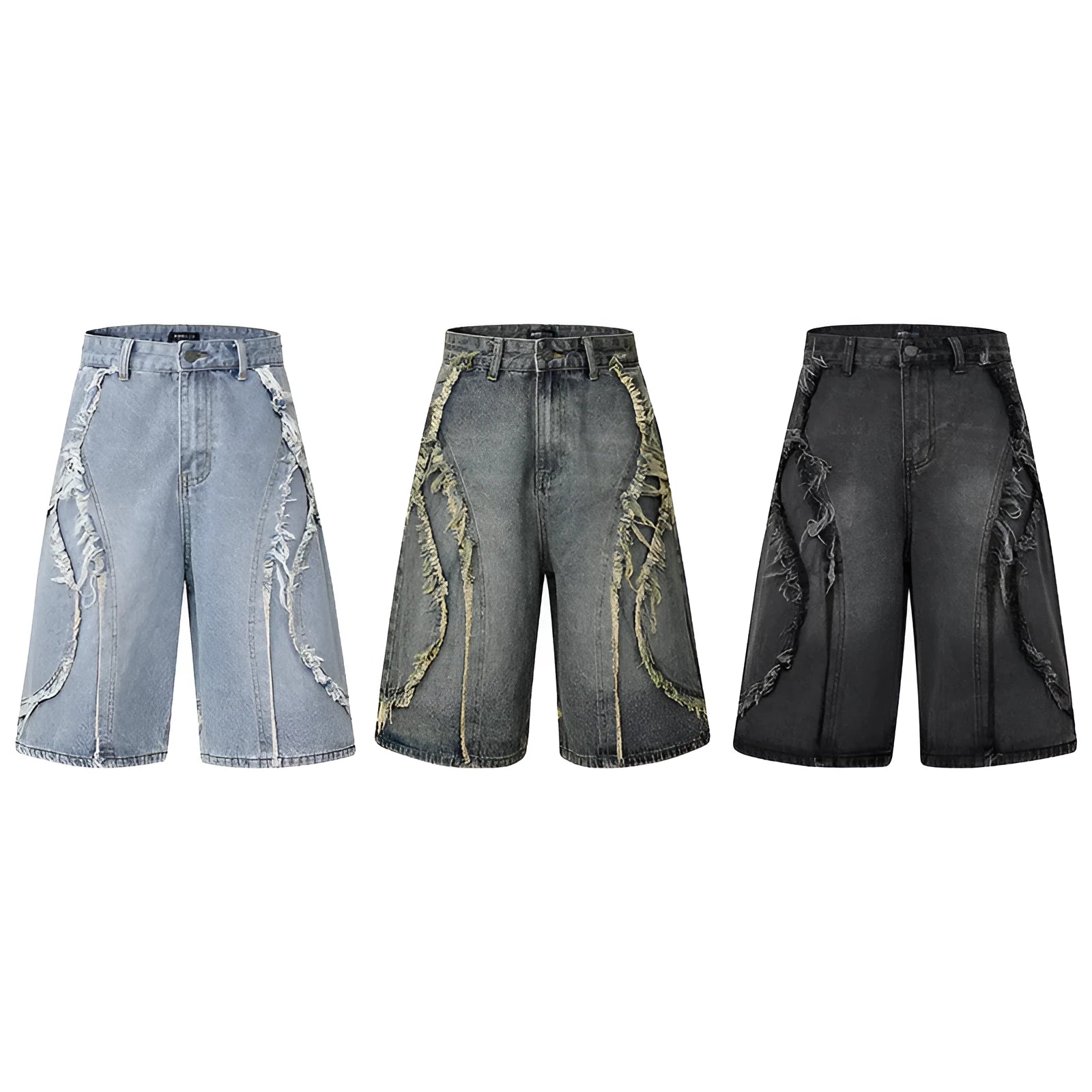 American Pu Shuai distressed raw edge denim shorts for men in a straight-leg cropped style.