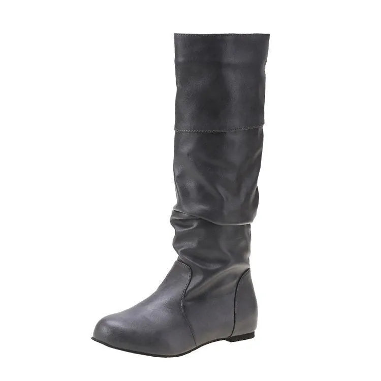Women's flat heel long slip-on boots in black with round toe and high cylinder design