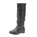Women's flat heel long slip-on boots in black with round toe and high cylinder design