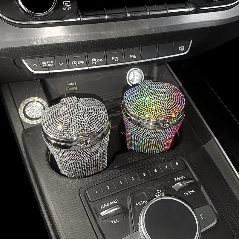 Covered car ashtray with diamond inlay, plastic and rhinestone, 7.5 x 7.5 x 9.5cm, in Black Diamond style