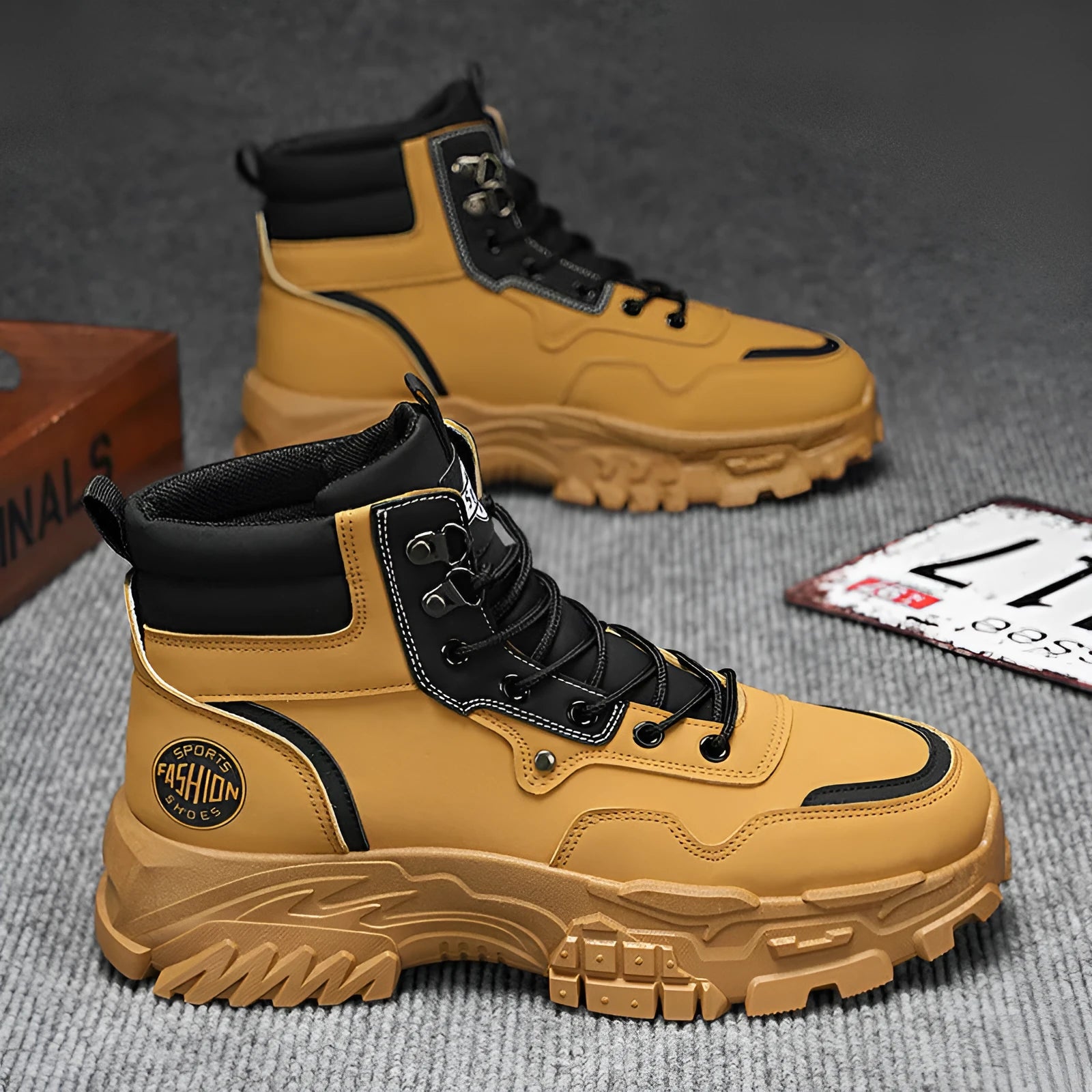Men's black and yellow mid-calf Martin boots with a stout heel on a white background.