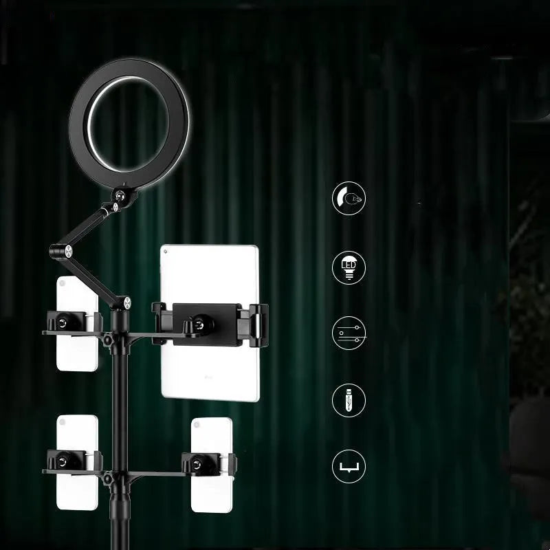Desktop multi-camera live broadcast stand with alloy construction, adjustable angle, mobile phone bracket and iPad holder, LP-4p
