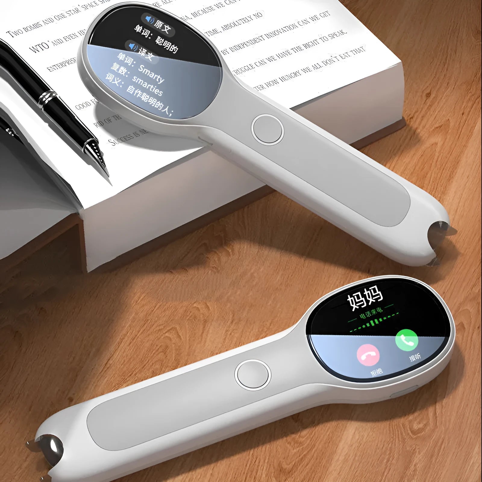 White Universal Reading Pen Basic Edition on a table with a USB cable and an open book.