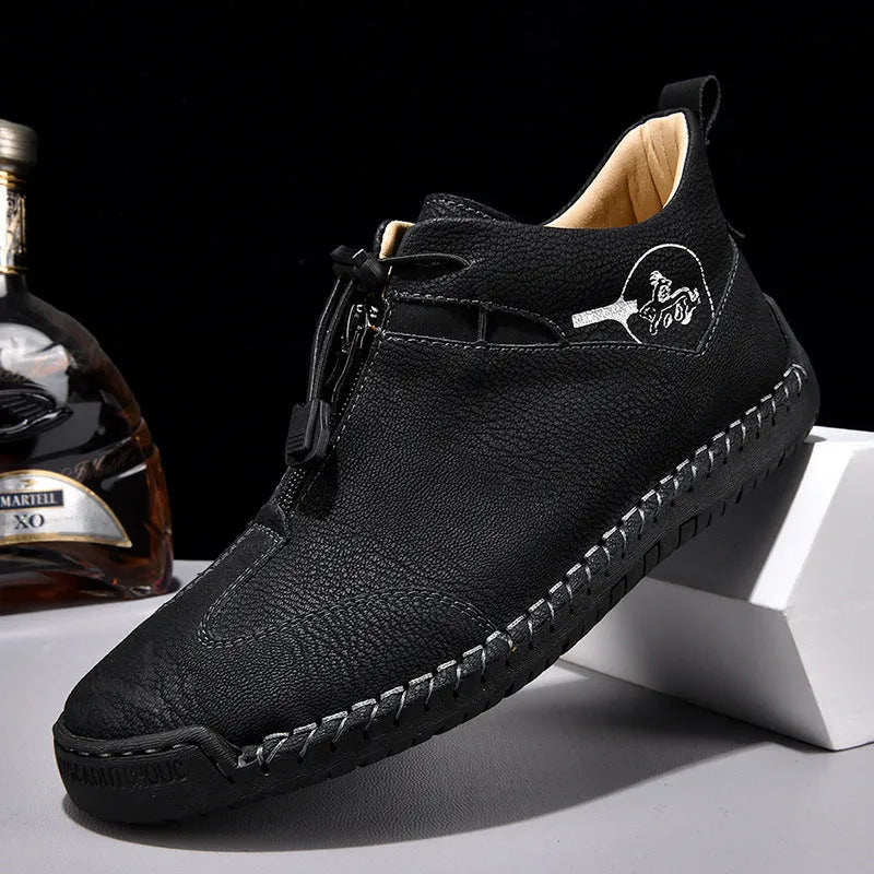 Men's casual leather height increasing shoes with round toe and mid heel