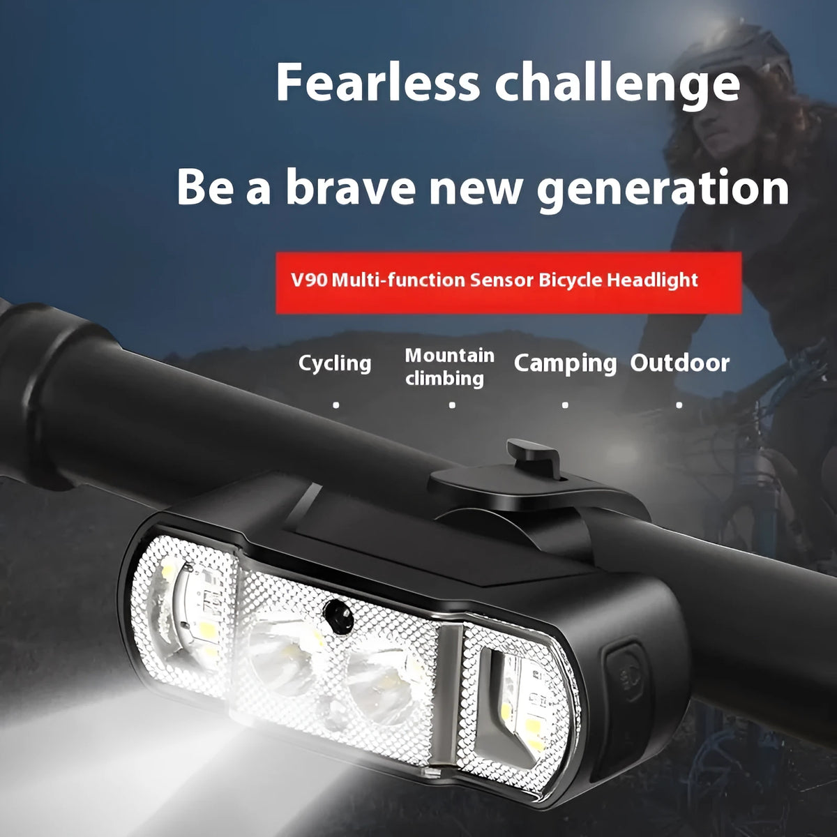 Black bicycle headlight with XPG-LED lamp beads, rechargeable battery, and wave induction functionality