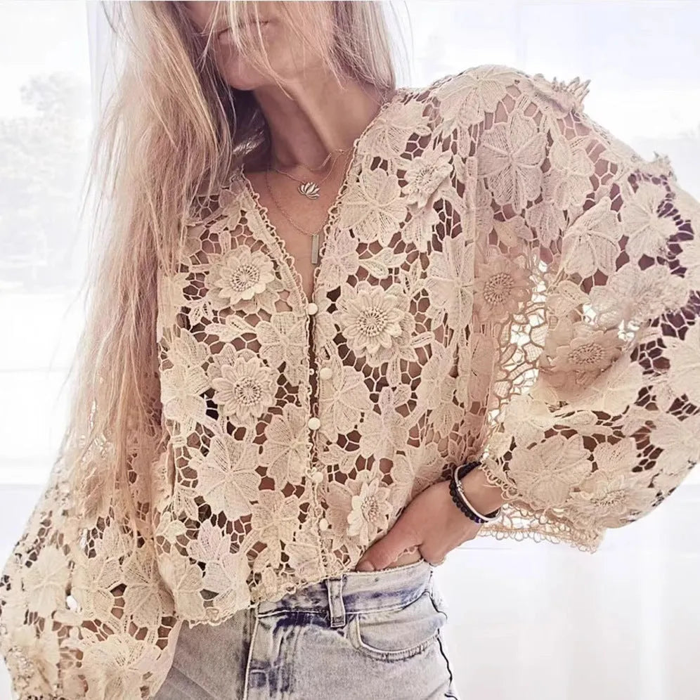 Women's lace V-neck cardigan with three-dimensional floral sleeves in loose fit street fashion style